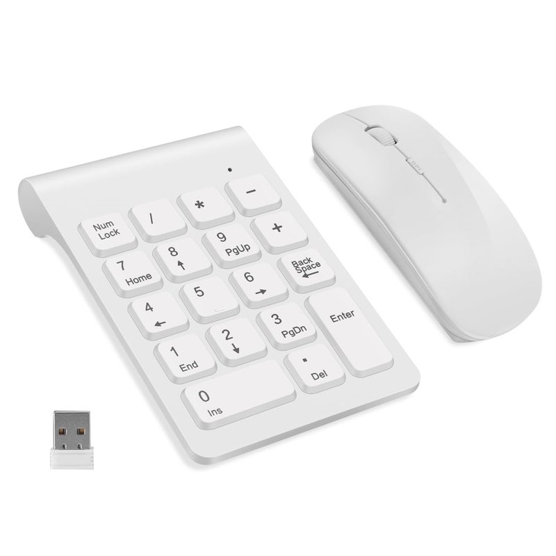 TRELC Wireless Numeric Keypad, Mini 2.4G 18 Keys Number Pad, Portable Silent Financial Accounting Numeric Keypad Keyboard Extensions with Wireless Mouse for Laptop, PC, Desktop, Notebook (White) - Image 1